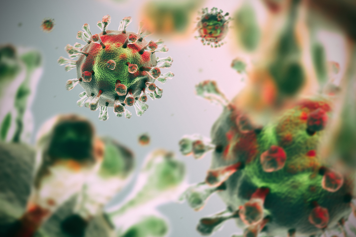 Coronavirus COVID-19 pathogen under microscope. Medical illustration. 3D render
