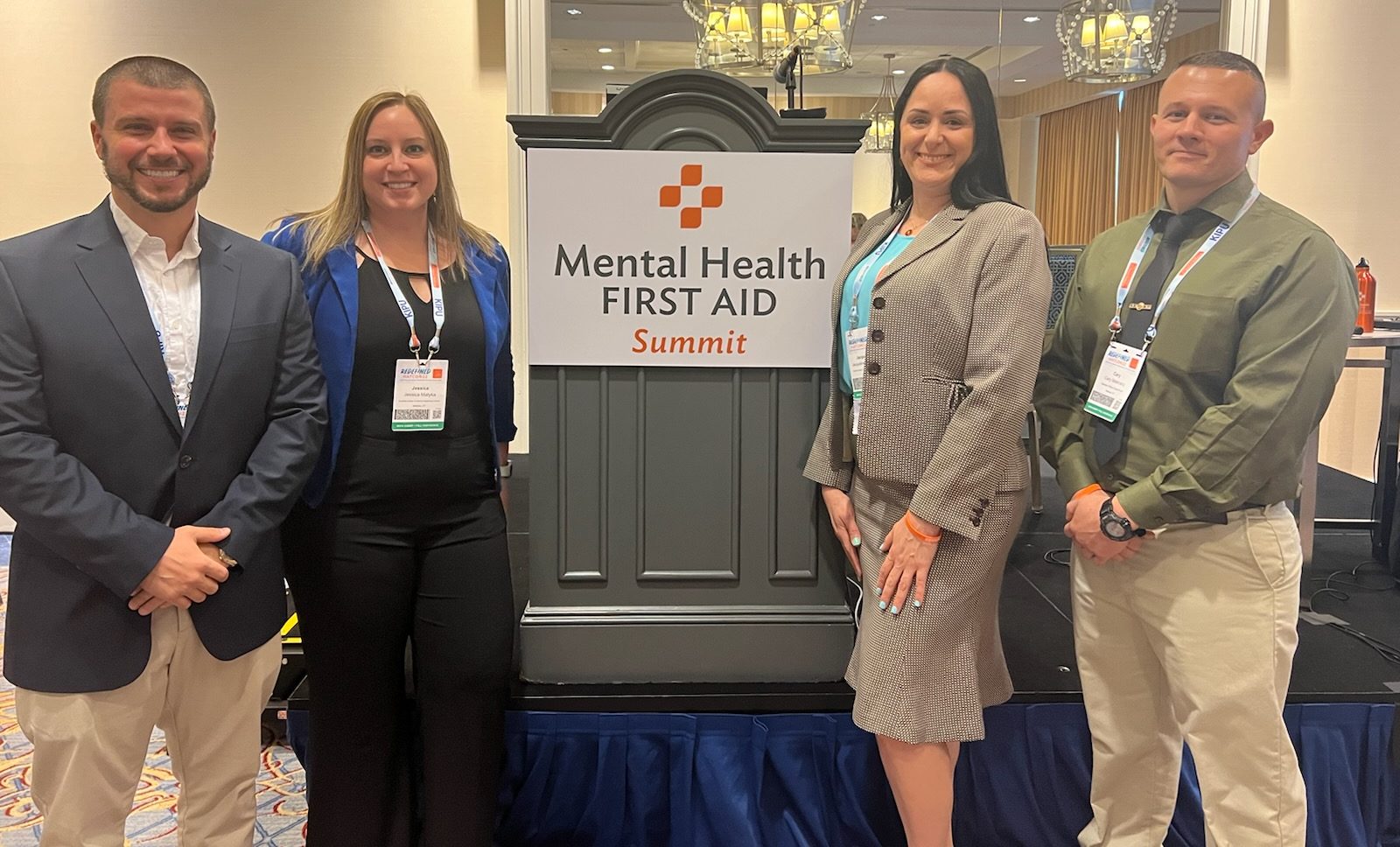 The Rushford Meriden Opioid Referral for Recovery (MORR) team presented three times at the 2022 National Council for Mental Wellbeing Conference in Washington, DC. (pictured LtoR) John Potter, LCSW Clinical Manager; Jessica Matyka, LCSW Clinical Director; Jacqueline Rodriguez, BA Peer support specialist; Sgt Cary Maikranz, Meriden Police Department.